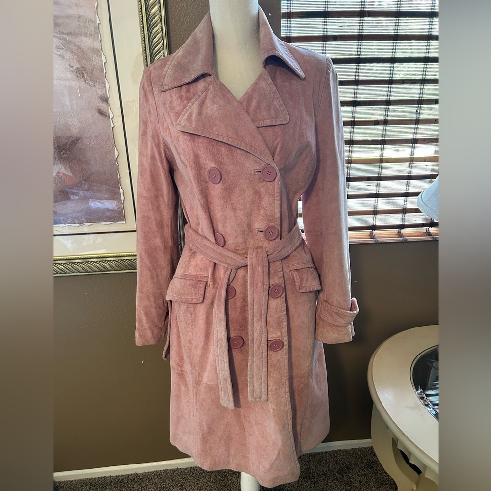 Y2K 100% Leather Pink Suede Trench Coat